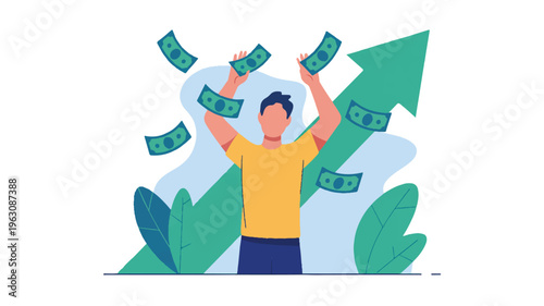 Successful person celebrating with money raining down, with a green upward trending arrow symbolizing financial growth and prosperity