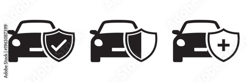 Car Insurance Icon Set – Vehicle Protection, Safety and Security Shield Vector Collection in Line
 and Solid Styles