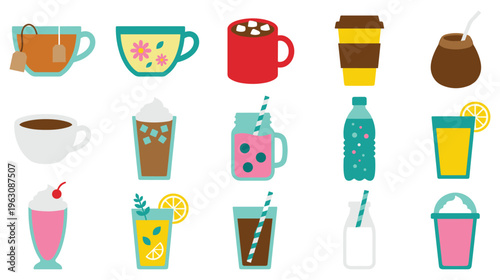 Set of various drink icons including tea coffee juice and smoothie.