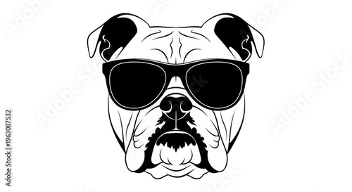 Cool Bulldog with Sunglasses Black and White Illustration.