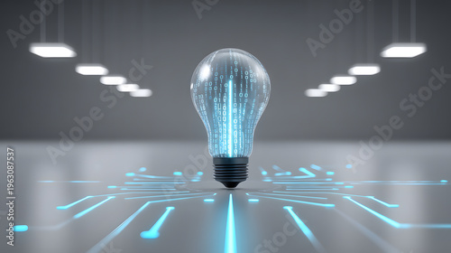 Futuristic lightbulb digital innovation binary code artificial intelligence technology concept creative idea data network blue light cyber circuit modern design illuminated bulb innovation concept