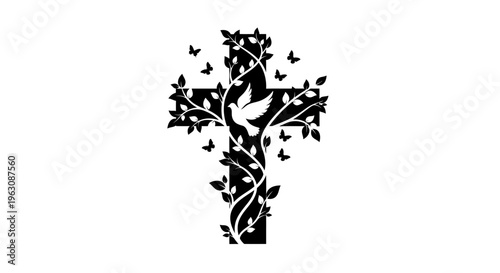 Christian Cross with Dove and Vines Silhouette.