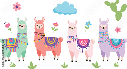 Whimsical cartoon illustration of four colorful llamas with patterned blankets, garlands, cactus, flowers, and cloud, symbolizing festive design, children’s content, playful style, 