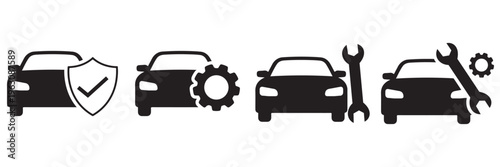 Car Insurance Icon Set – Vehicle Protection, Safety and Security Shield Vector Collection in Line
 and Solid Styles