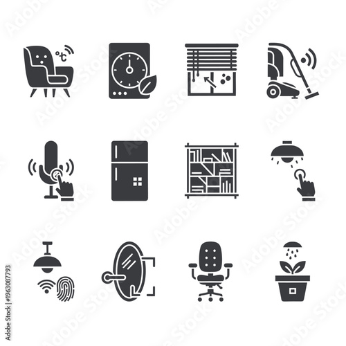 Smart home automation and intelligent device black icon set