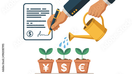 Financial investment growth strategy illustration with a signed contract and currency plants, symbolizing global market expansion and business prosperity