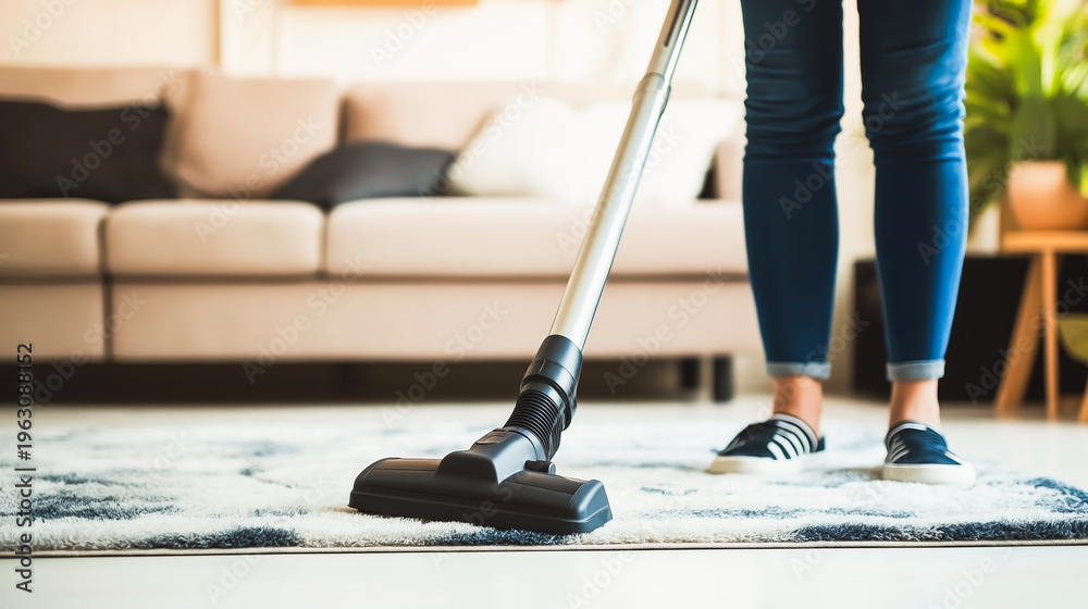 Fototapeta premium Woman Vacuuming a Patterned Shag Rug in a Bright Modern Living Room