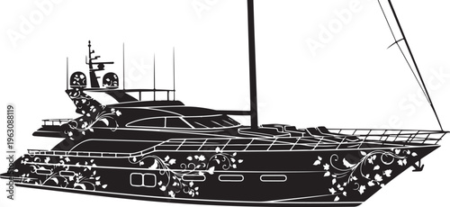 Black yacht with floral and mast boat sailboat floral black