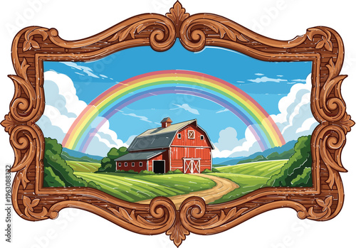 A Beautiful Vector Illustration of a Red Barn Framed with Ornate Woodwork, Set Against a Scenic Landscape with a Rainbow and Lush Green Fields