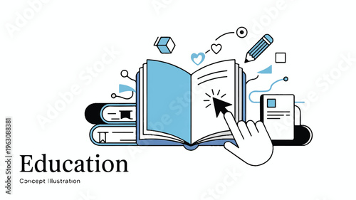 A Minimalist Digital Illustration Celebrating Education With an Open Book, a Cursor Pointing to Knowledge, and Abstract Elements