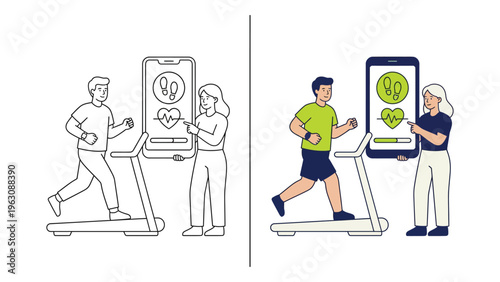 People Running on Treadmills with Mobile Phone in Modern Gym