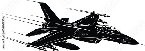 Fighter jet silhouette vector illustration military aircraft with missiles flying isolated black aviation combat aerospace tactical high speed design