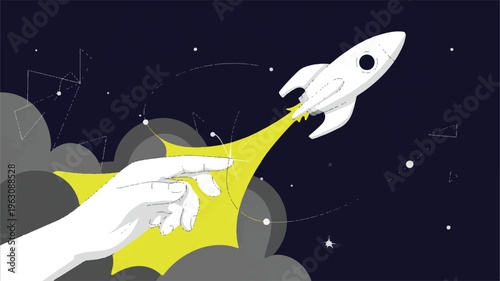 Hand launching a rocket into the starry night sky, symbolizing new beginnings and innovation