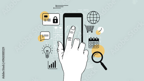 Minimalist digital illustration showing a hand touching a smartphone screen with icons representing online services, e-commerce, business analytics, and global communication
