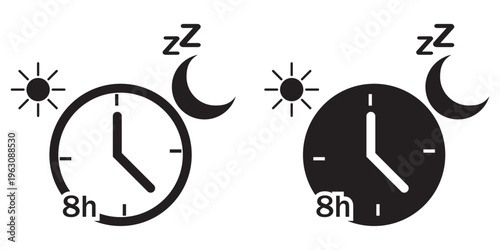 8 Hours Sleep Icon Set in Black, Outline, and Flat Color Styles Vector for Health, Wellness,
 and Day & Night Concept