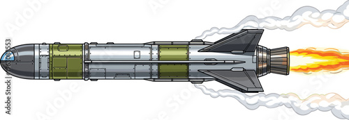 Flying rocket missile vector illustration detailed military weapon with exhaust flame isolated modern defense aerospace engineering tactical system design