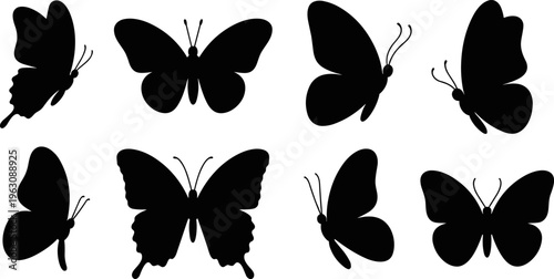 Butterfly silhouettes in diverse wing shapes, insect vector illustration, flat design, entomology study, nature art, decorative pattern concept