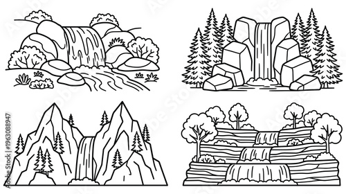Set of waterfall landscapes, nature scene with mountains and trees.