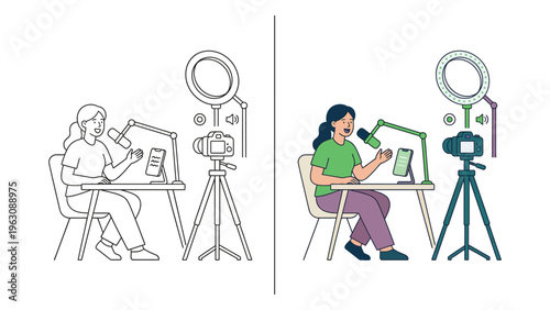 Content Creator Woman Live Streaming with Microphone, Camera, Ring Light at Desk Vector Illustration