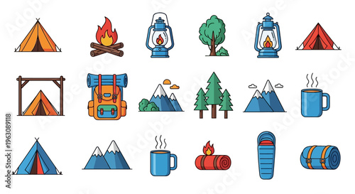 Flat color vector illustration of a camping icon set, featuring a vibrant collection of tent, campfire, lantern, backpack, trees, mountains, mug, and sleeping bag. Bold, saturated colors with sharp ed