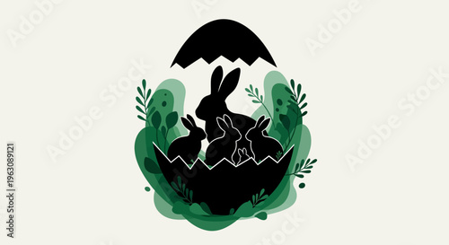 Easter bunnies in a cracked egg with green foliage.