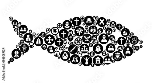 Christian Ichthys fish symbol made of religious icons.