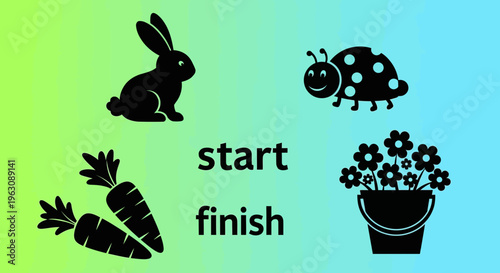 A collection of black silhouette icons featuring a rabbit, ladybug, carrots, and a bucket of flowers.