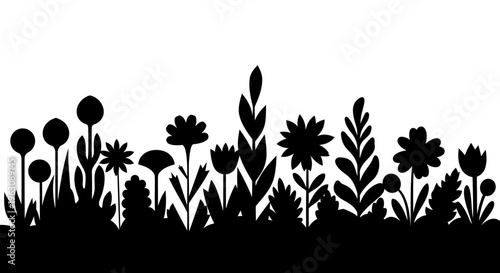 Black silhouette of various plants and flowers in a garden.