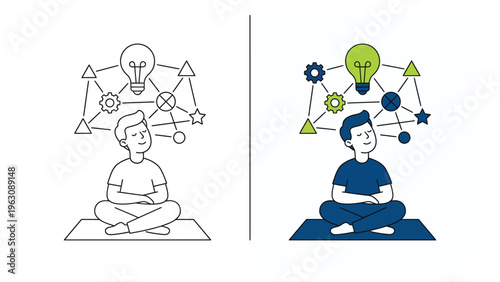 Creative Thinking Man Meditating with Idea Network and Gears Vector Illustration