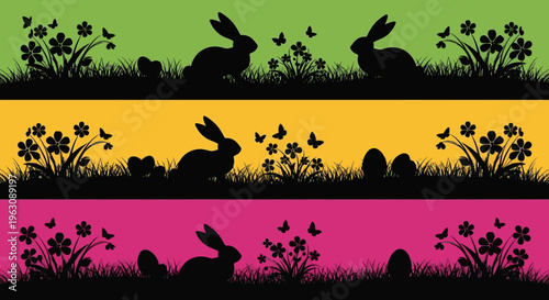 Silhouettes of Easter bunnies and eggs in a vibrant spring landscape.