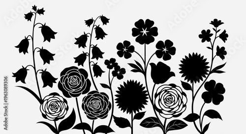 Elegant Black Silhouettes of Various Blooming Flowers and Plants.