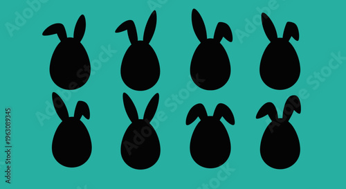 Eight black Easter bunny egg silhouettes with varying ear positions.
