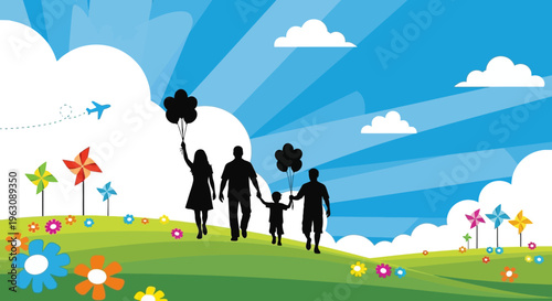 Family walking together in a vibrant, colorful landscape.