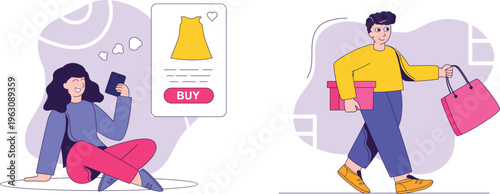 Woman shopping online while dreaming of receiving her purchased dress in a stylish pink bag delivered by a cheerful man