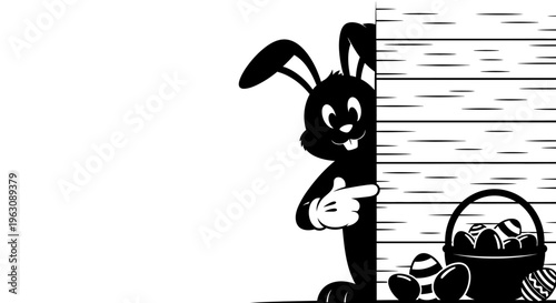 A cheerful Easter bunny points to a basket of eggs, ready for the holiday celebration.