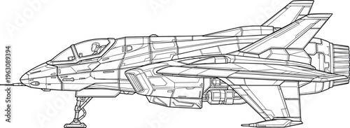 Futuristic military aircraft line art side view, detailed jet fighter blueprint illustration, modern aviation design isolated on white background vector