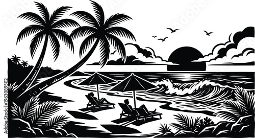 WebTropical Beach Sunset Vector Silhouette with Palm Trees, People Relaxing on Sunbeds under Umbrellas, Ocean Waves, and Scenic Island Coastline