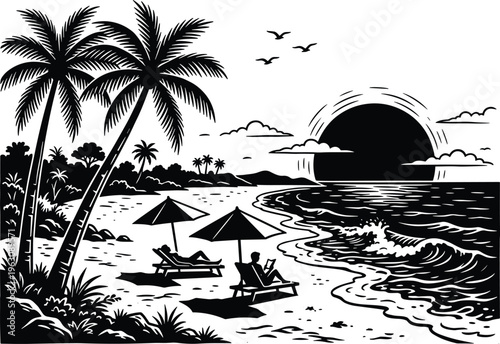 WebTropical Beach Sunset Vector Silhouette with Palm Trees, People Relaxing on Sunbeds under Umbrellas, Ocean Waves, and Scenic Island Landscape