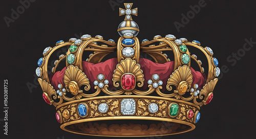 Luxurious gold crown with colorful jewels and red velvet symbolizing royalty and power on a black background