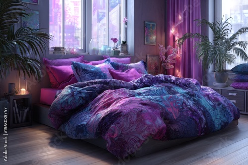 Vibrant Bedroom Interior at Dusk with Purple and Blue Duvet and Pillows