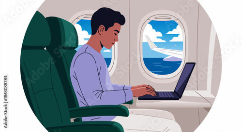 A person using a laptop on an airplane, vector illustration, concept of remote work and travel