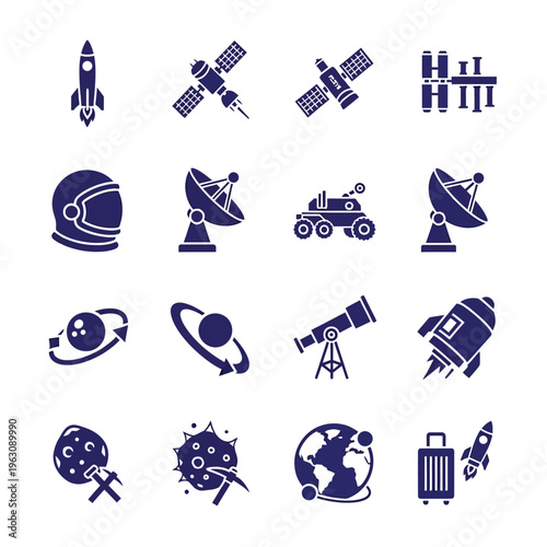 Space exploration and astronomical technology vector icon collection
