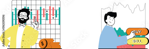 Two individuals engaged in financial market activities and trading decisions with graphs and buttons