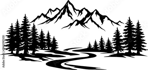 Mountain Landscape Vector Illustration with River and Pine Trees Isolated on White Background
