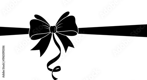 Elegant Black Ribbon Bow with Curled Ends on a White Background.