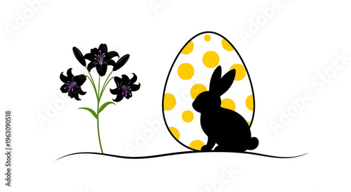 Easter Bunny Silhouette with Decorative Egg and Lily Flowers.