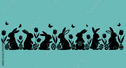 Easter Bunny Silhouettes with Tulips and Eggs.