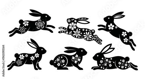 Set of six black rabbits with white floral patterns, celebrating the Chinese New Year.