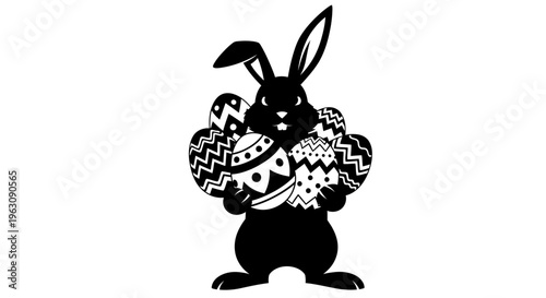 Black silhouette of an Easter bunny holding several decorated eggs.