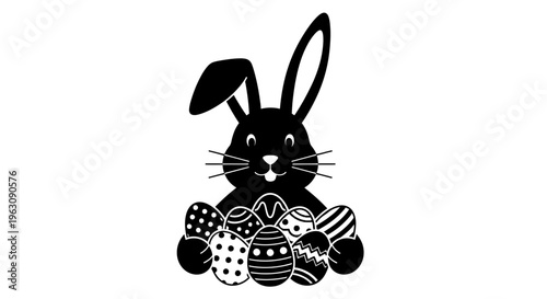 Black silhouette of an Easter bunny with several decorated Easter eggs in front of it.